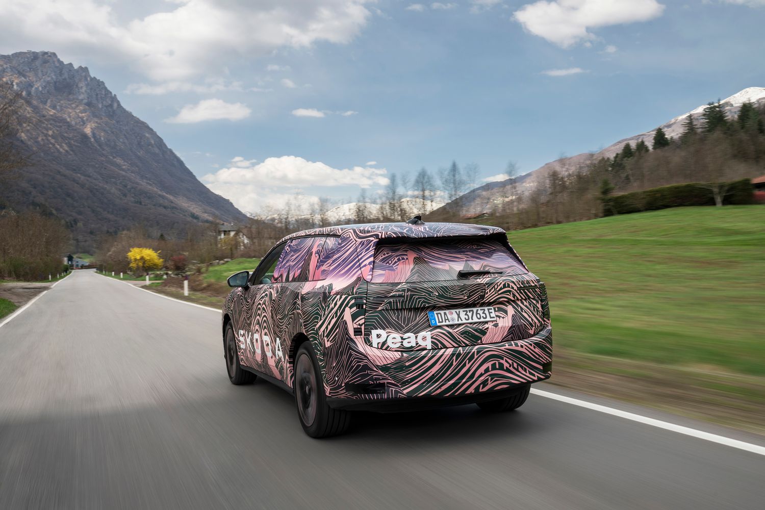 Rear view of the Skoda Peaq, driving on country road.