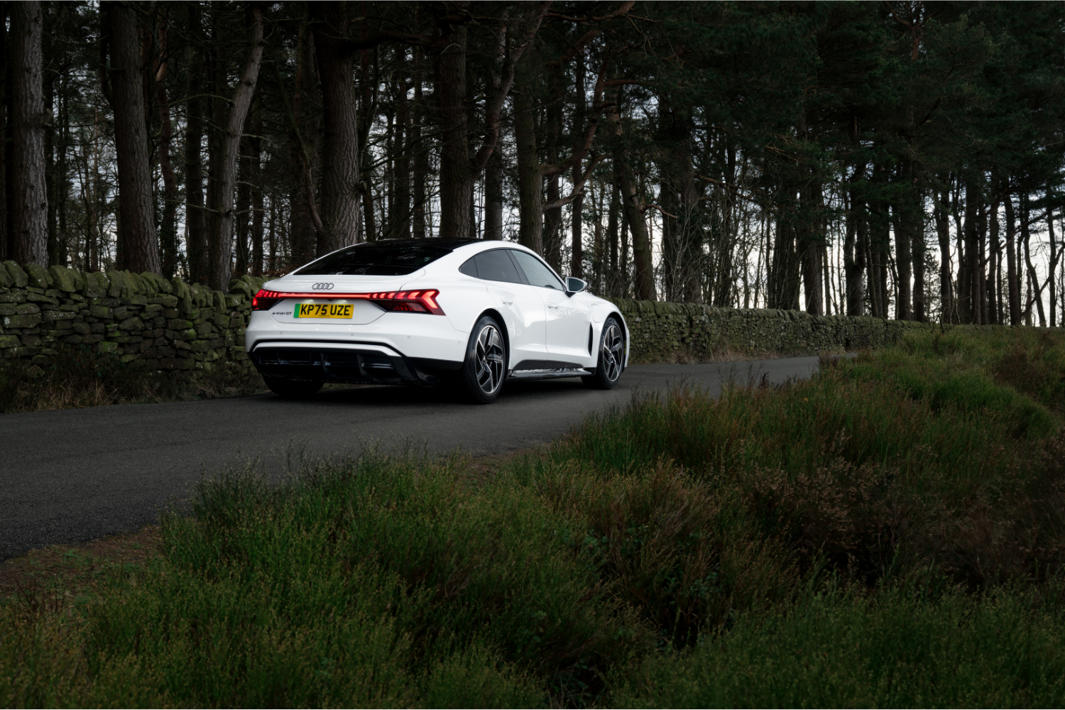 Audi Approved Used e-tron GT image of car driving and view of the exterior from behind