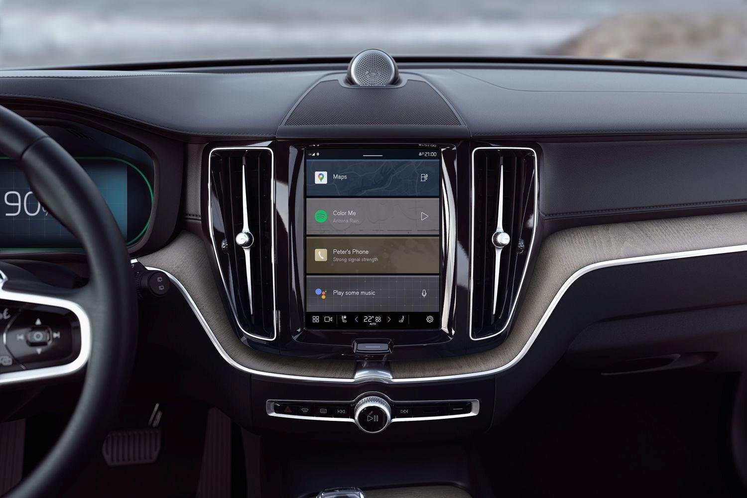 Close-up of the new Volvo XC60 Recharge infotainment system featuring Maps, Spotify and other apps
