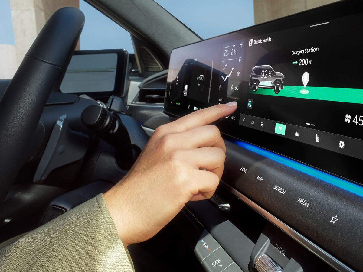 women operating the infotainment of kia EV9