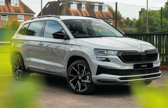 Grey Skoda Karoq through foliage parked on driveway
