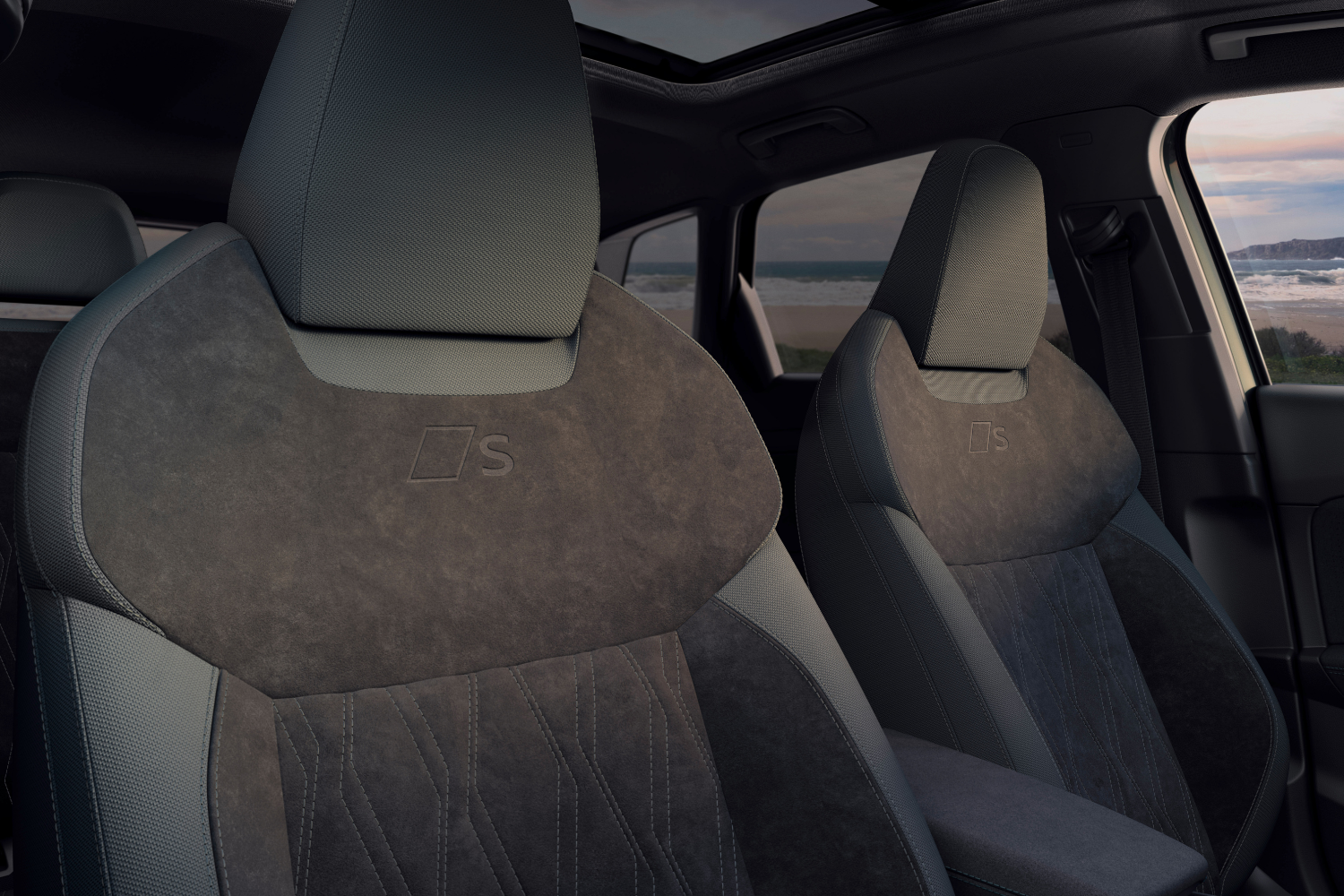 The striking interior front passenger seats of the latest Audi Q3 SUV e-hybrid, available at Belfast and Portadown Audi.