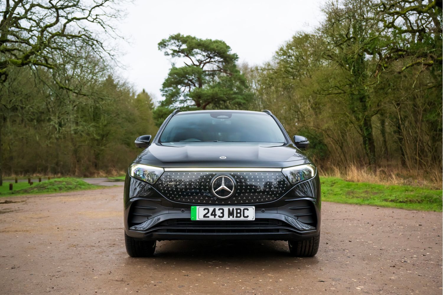 The front of a black Mercedes-Benz EQA with star pattern radiator grille.