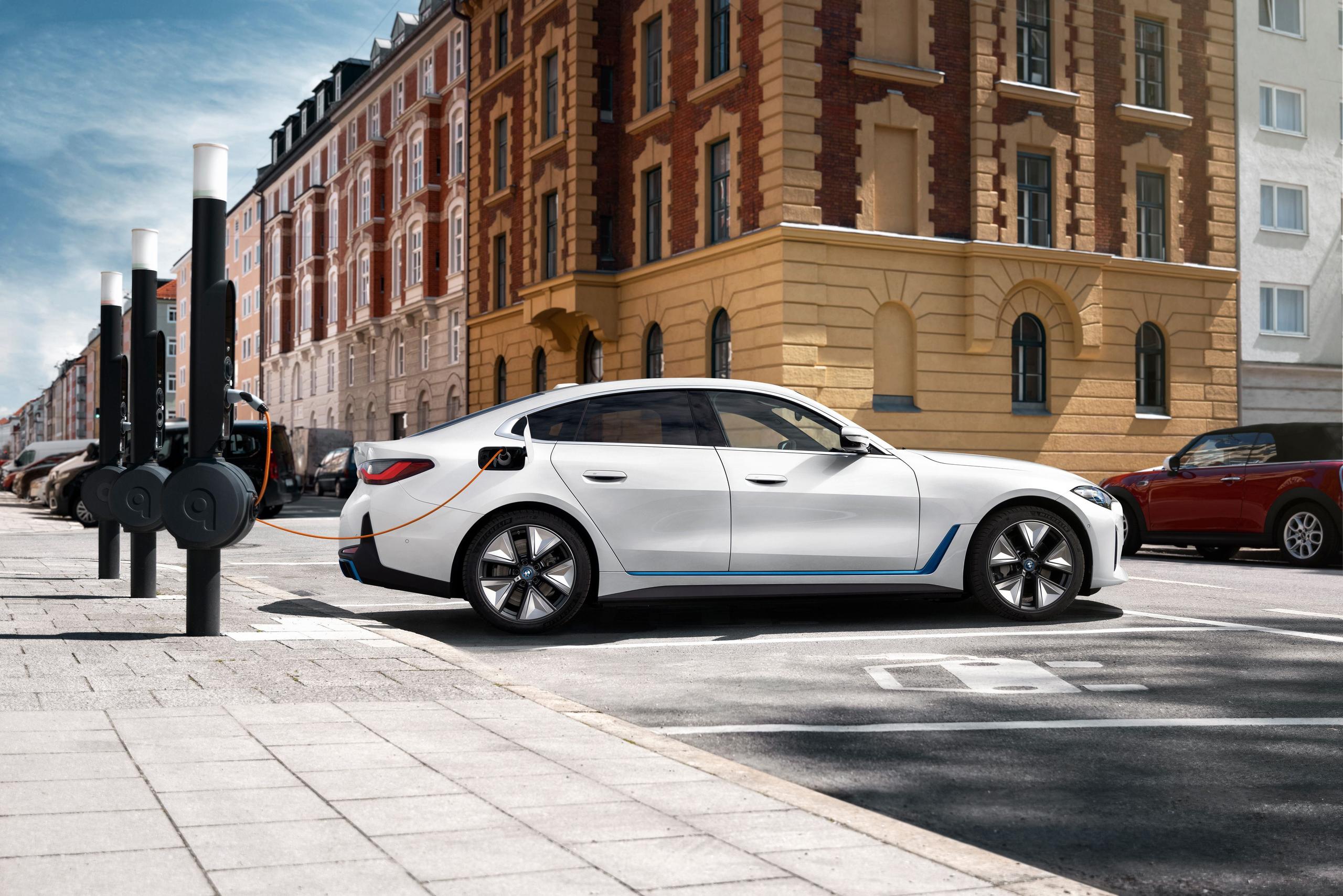 New BMW I4 image of vehicle parked and being charged