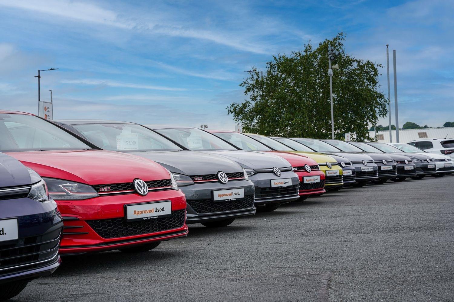 The latest range of Volkswagen Approved Used Golfs lined up in a row