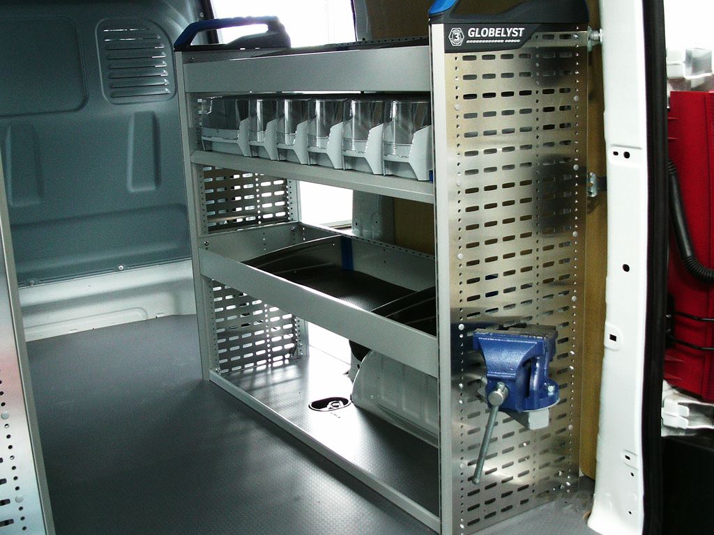 Van shelving unit with storage bins and a mounted bench vice for on-site work.