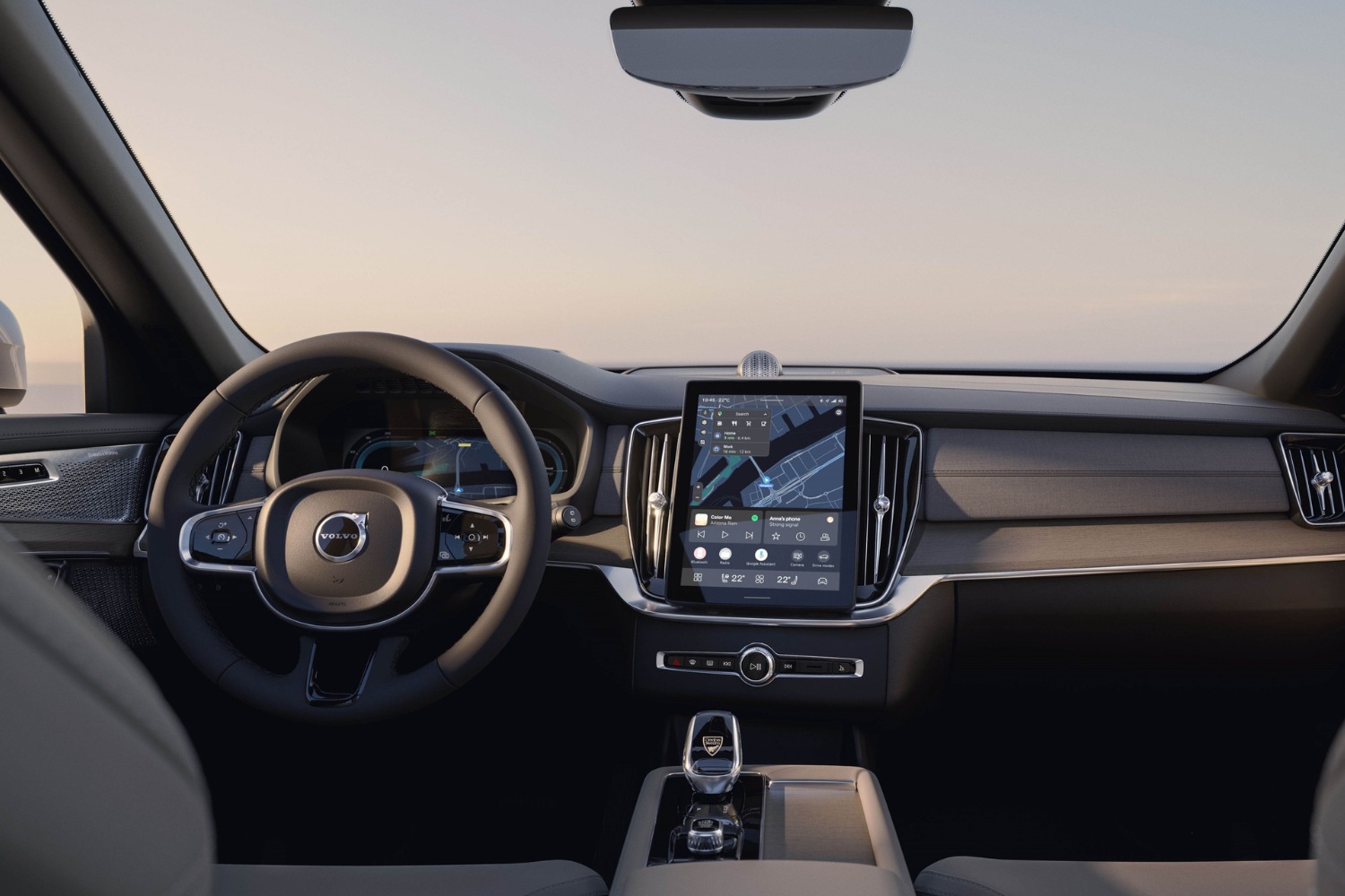 Close up of the Volvo XC90 driver display and steering wheel.
