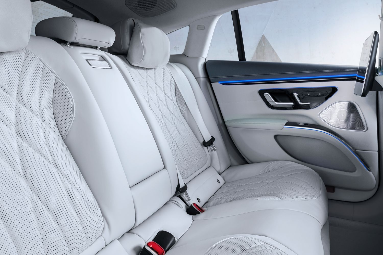 EQS Saloon's interior white rear seats.