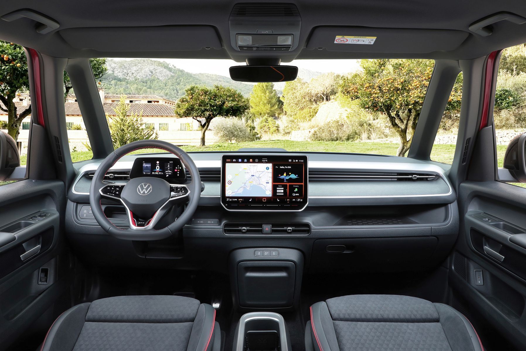 Close-up of the interior of the ID.Buzz GTX interior, focus on front passenger seats and console.