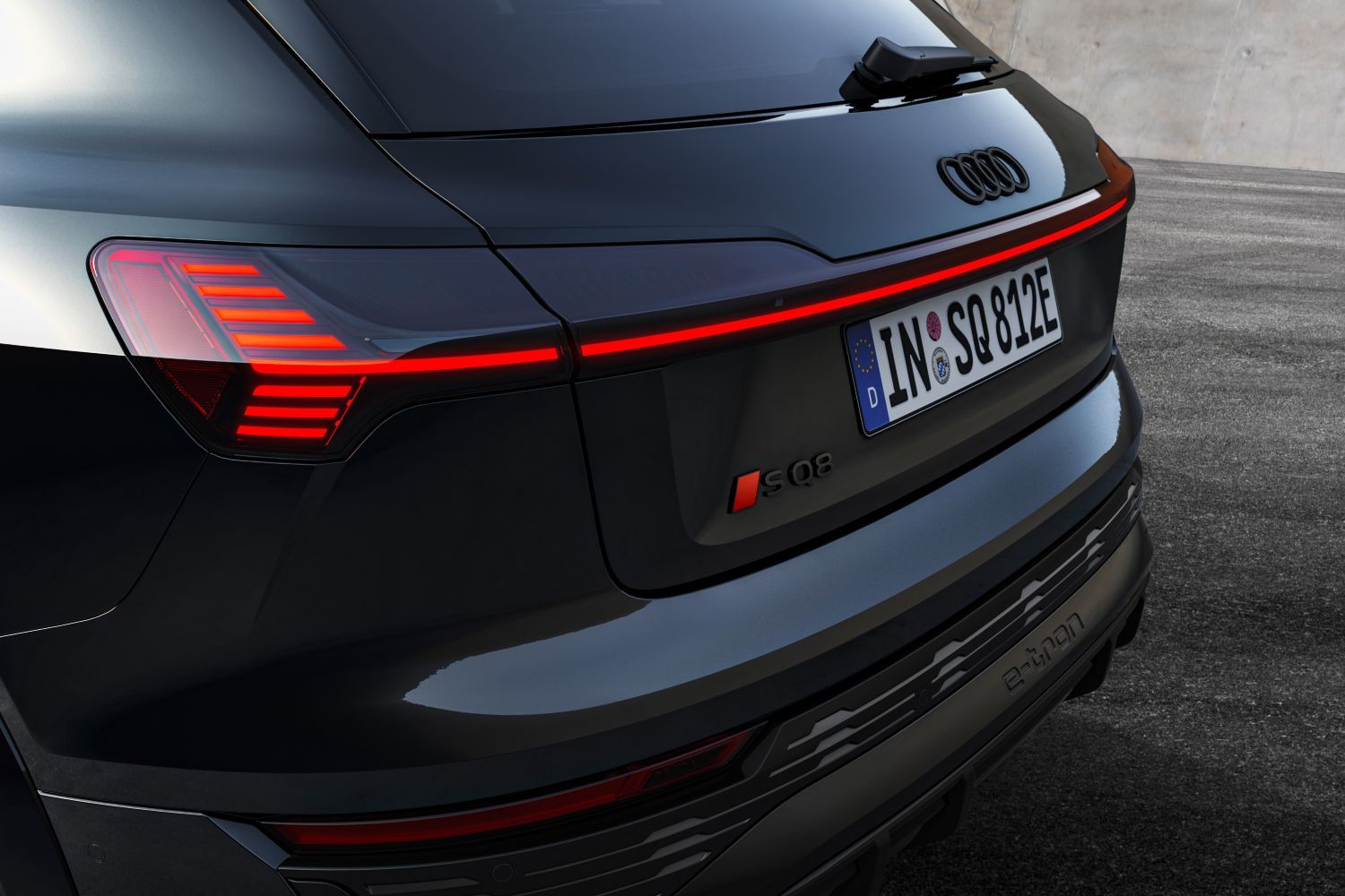 New Audi SQ8 Etron in black view of vehicle brake lights and SQ8 badge