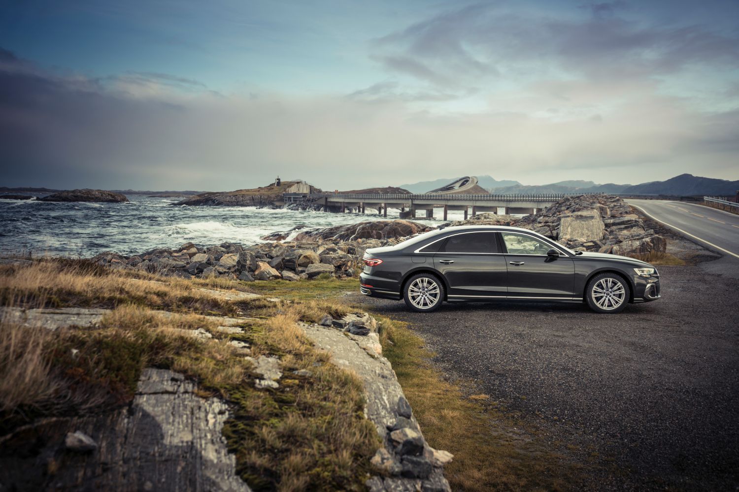 New Audi A8 L in black image of vehicle parked, showcasing alloys and rear tinted windows