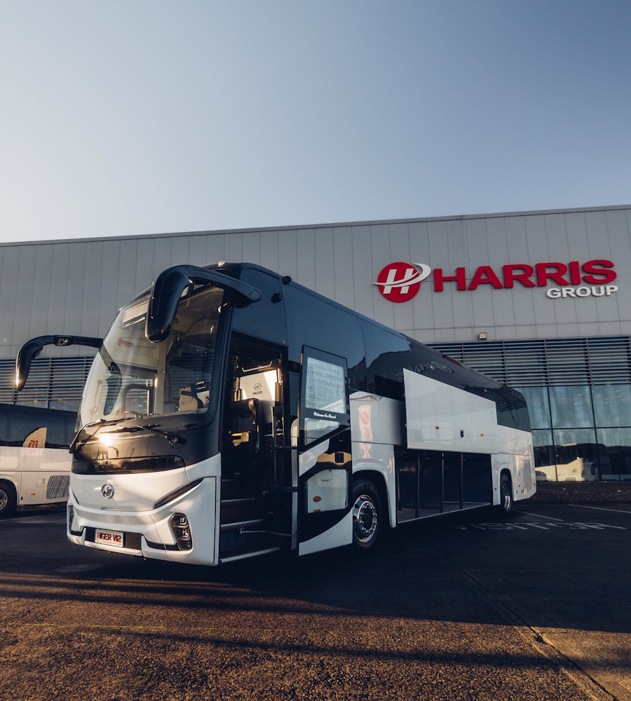 bus in front of harris group building