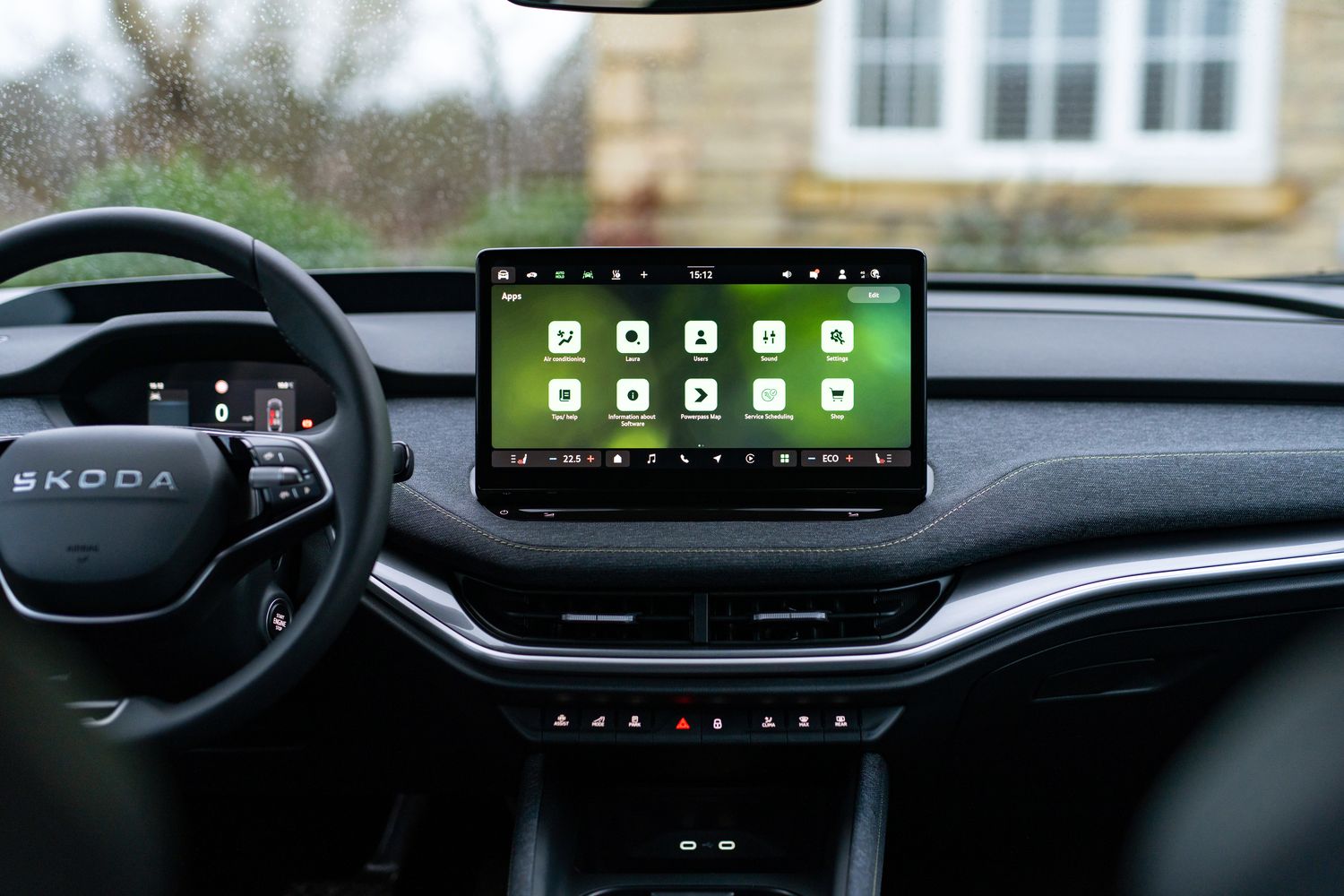 Interior view of the new Skoda Elroq. Close-up on the latest driver assistance and safety technology.