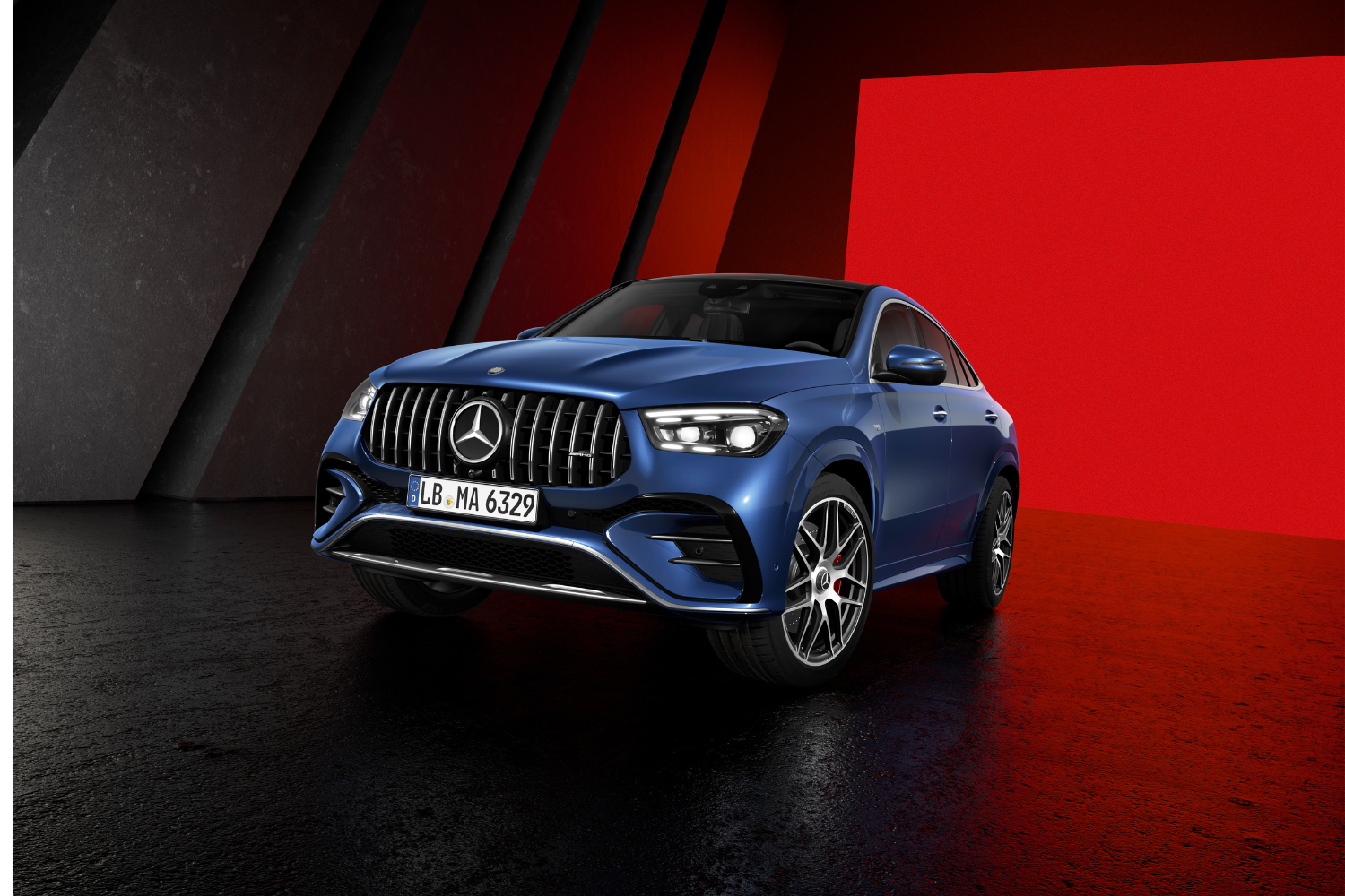 Front view of a blue Mercedes-Benz GLE Coupé.