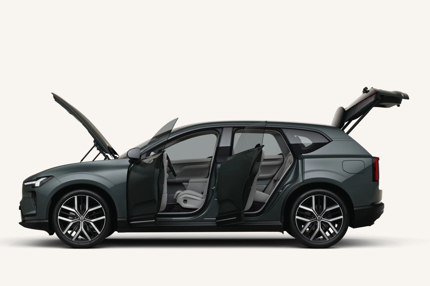 Side view of the new Volvo EX60, with all doors open it highlights the sophisticated interior inside.