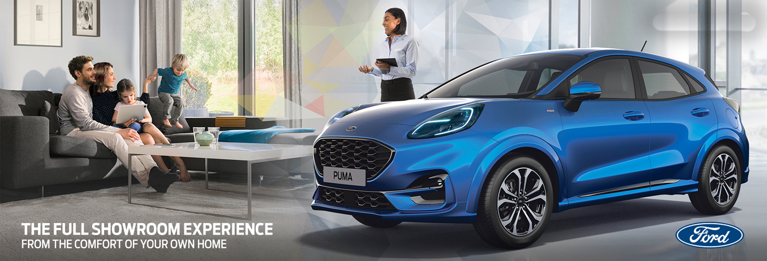 Family viewing a blue Ford Puma from their living room via internet