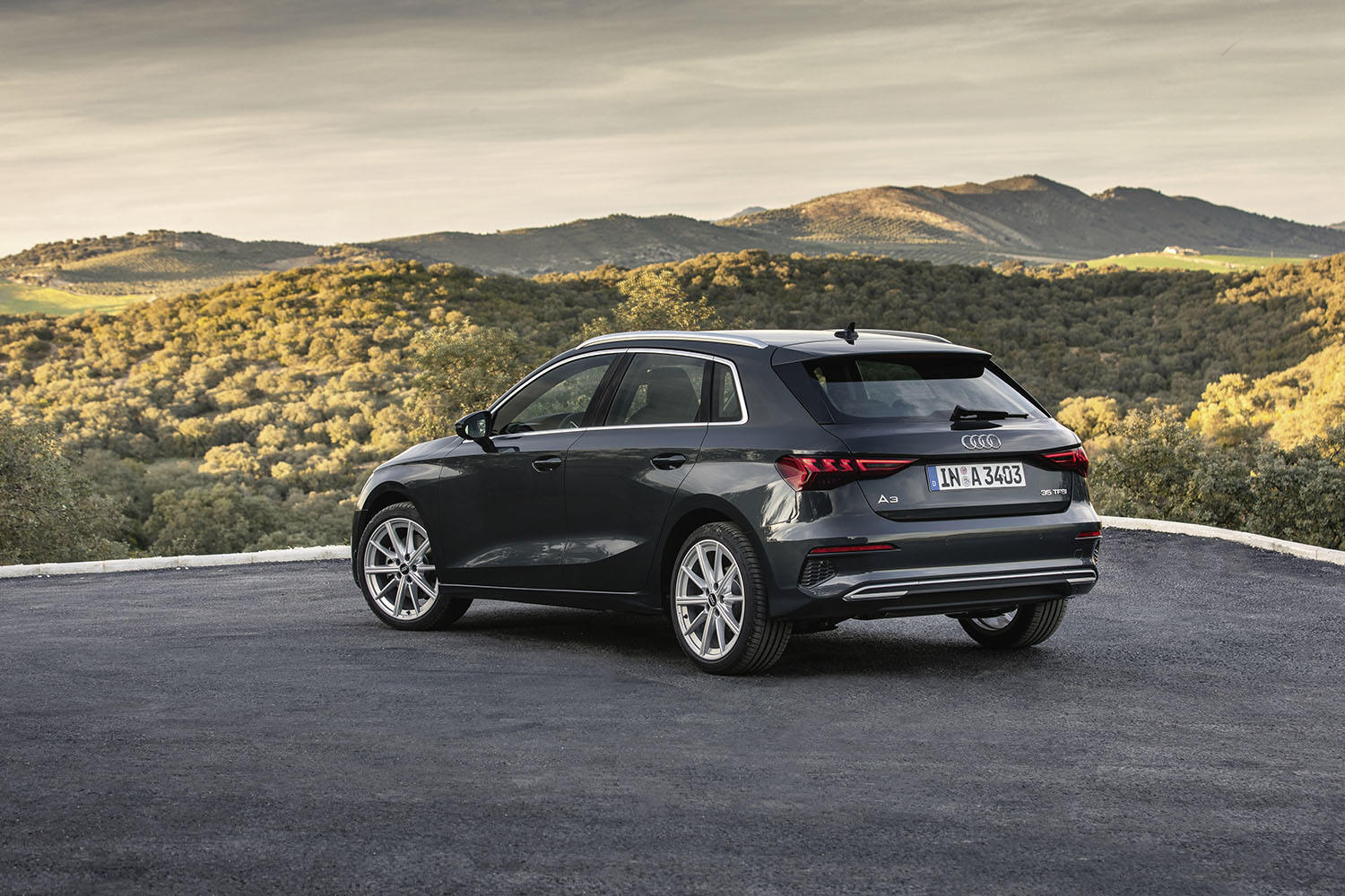 New Audi A3 Sportback displayed in metallic grey.