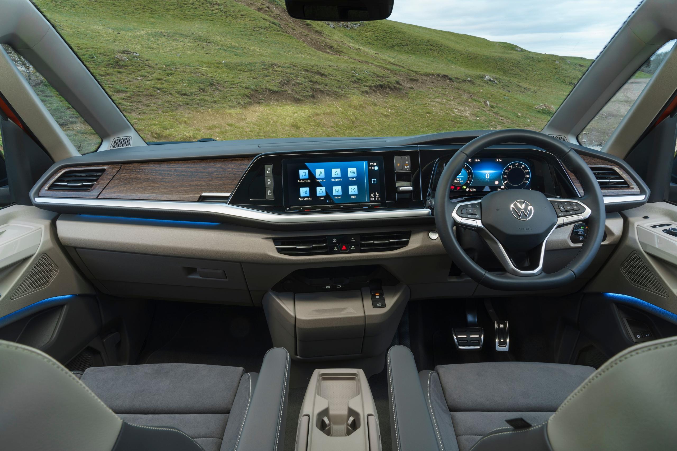Interior view of the new Volkswagen Multivan, close-up of the front passenger seats, dashboard and infotainment system
