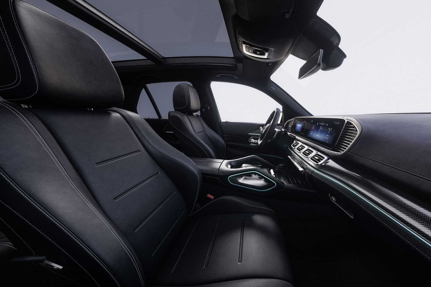 Black interior seats and steering wheel inside the Mercedes-Benz GLE.